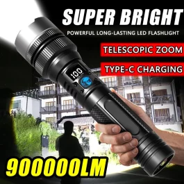 פנס LED חזק 900000LM עם טעינה Type-C ותצוגה דיגיטלית