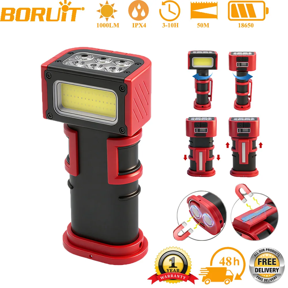 פנס BORUiT COB LED 1000LM עם טעינה Type-C